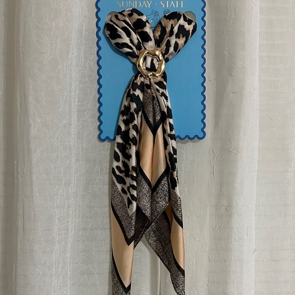 SUNDAY • STATE Ivory Beige Black Animal Leopard Print Hair Neck Scarf & Brooch